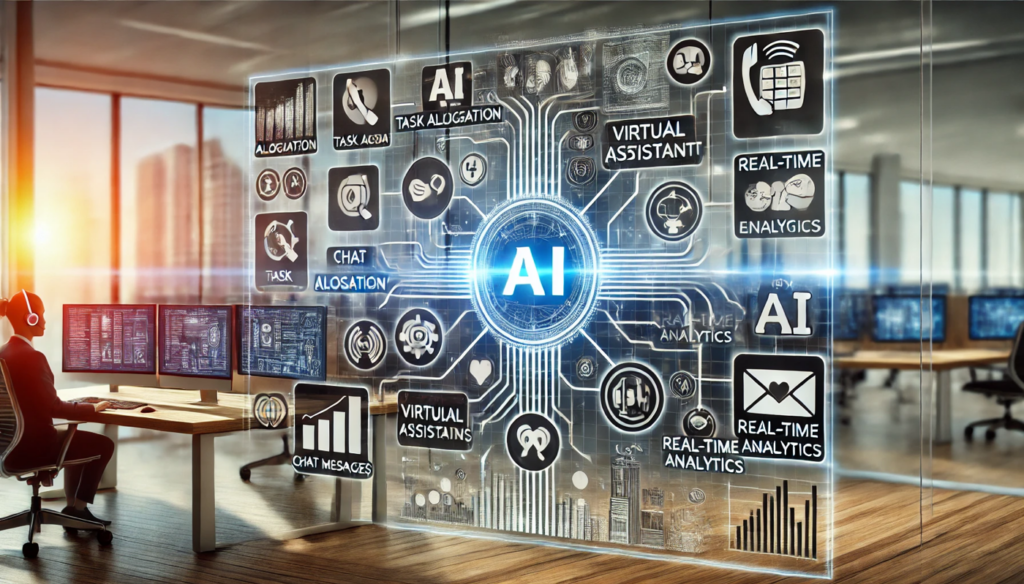 A professional flowchart illustrating AI and Human Expertise in Call Centres: Transforming BPO Services for SMEs. The diagram demonstrates task allocation, virtual assistant interactions, and real-time analytics, highlighting the seamless integration of AI technology in modern BPO workflows.