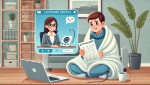 An illustration of a customer wrapped in an electric blanket receiving multilingual customer support through a video call, highlighting the role of responsive and localized service in e-commerce success.