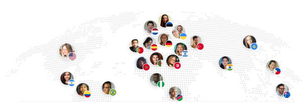 A map showcasing Callnovo's multilingual contact center agents from around the world, supporting 65+ languages. 