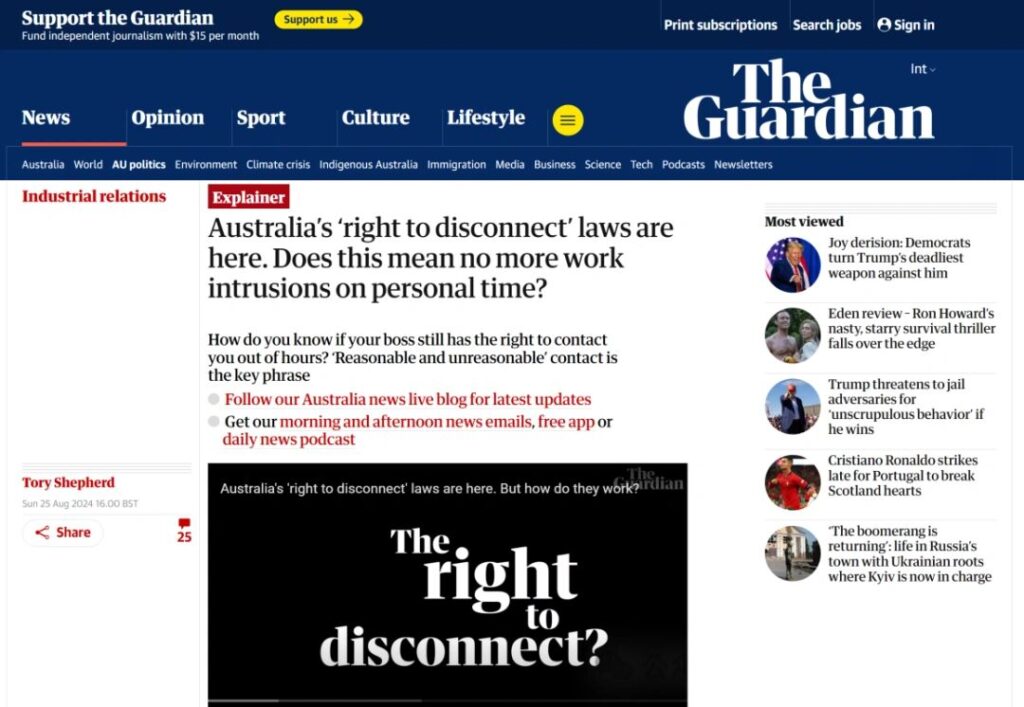 "News coverage on Australia's ‘Right to Disconnect’ law, highlighting its impact on businesses and the role of Bilingual Outsourcing Solutions in Australia.