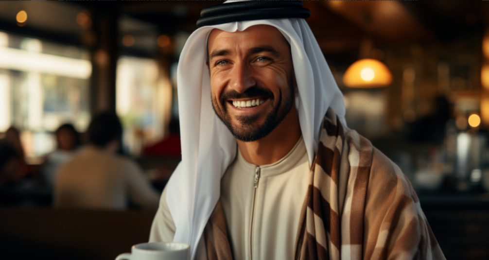 Smiling Middle Eastern man enjoying coffee, illustrating enhanced customer satisfaction through Arabic Customer Service Outsourcing."