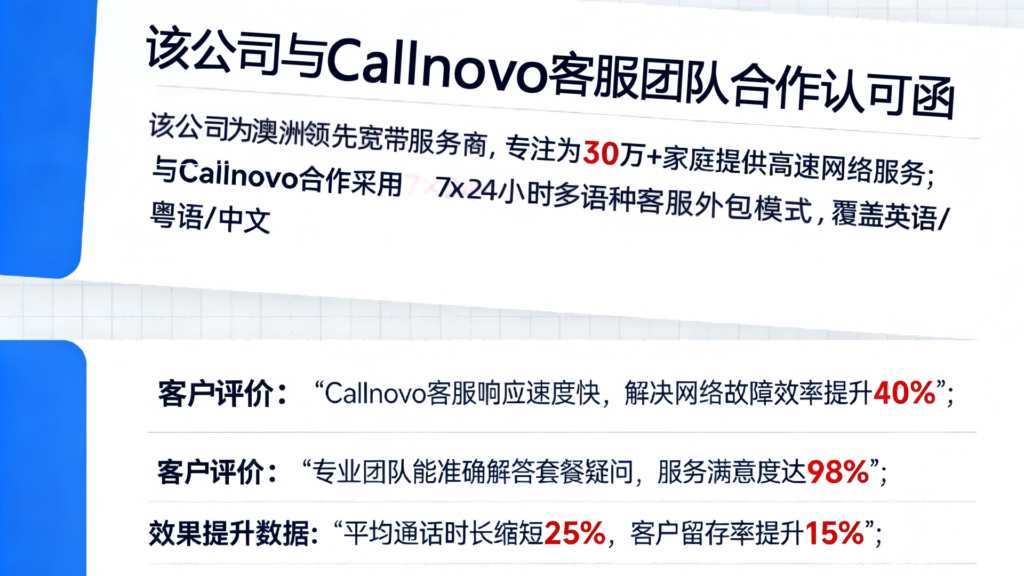 澳洲评分最高的NBN网络服务商与Calnovo海外客服团队合作认可函